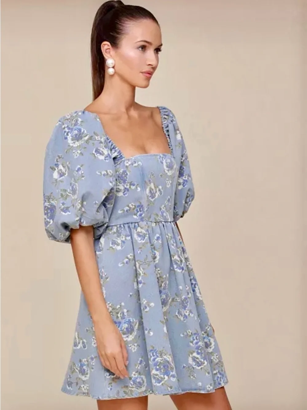 AVEC LES FILLES Square-Neck Puff-Sleeve Floral Mini Dress